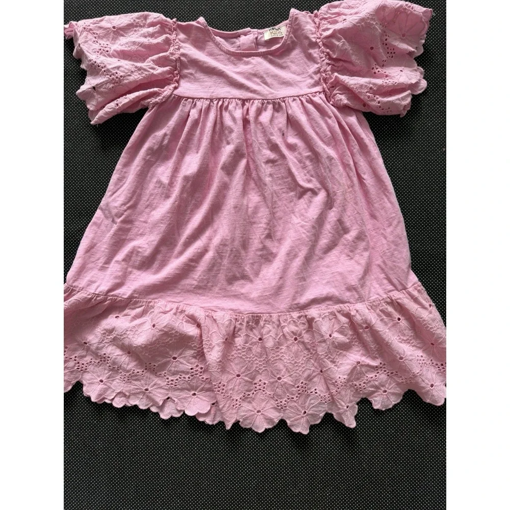 Koton Flutter Sleeve Eyelet Dress Girls Sz 6-7 Blush Pink Tiered Feminine Spring